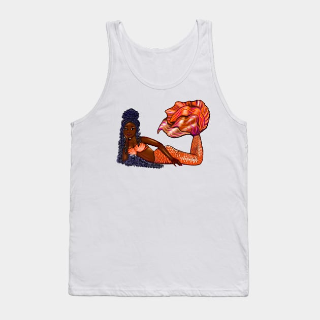 Cute Mermaid in Orange with long Afro hair in dreadlocks ocean sea life Melanin queen African American mermaids Tank Top by Artonmytee